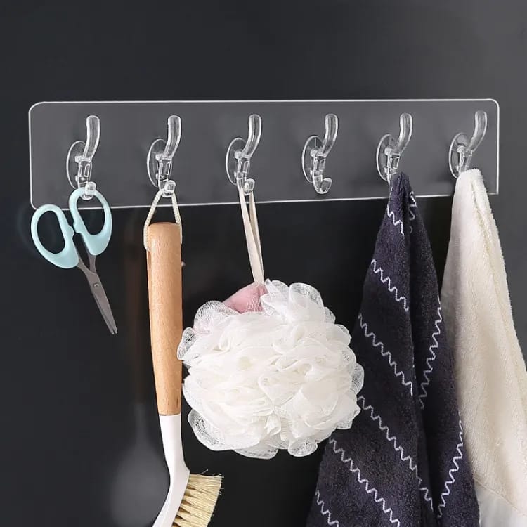 Pack of 3 6 Row Transparent Wall Hooks Self Adhesive