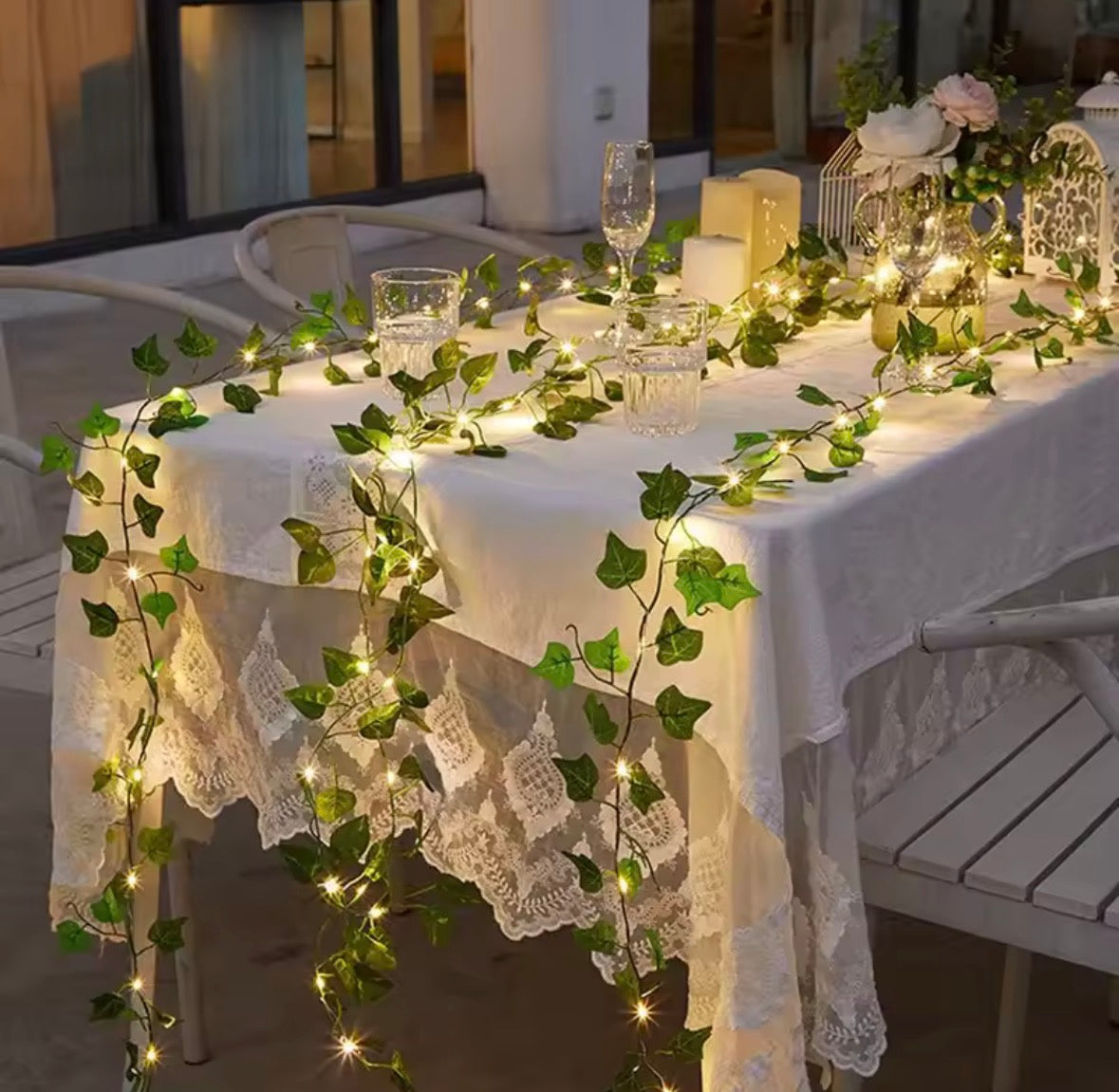 Premium Artificial Leaves Bail | 7 Ft LED Fairy Lights | Battery Operated