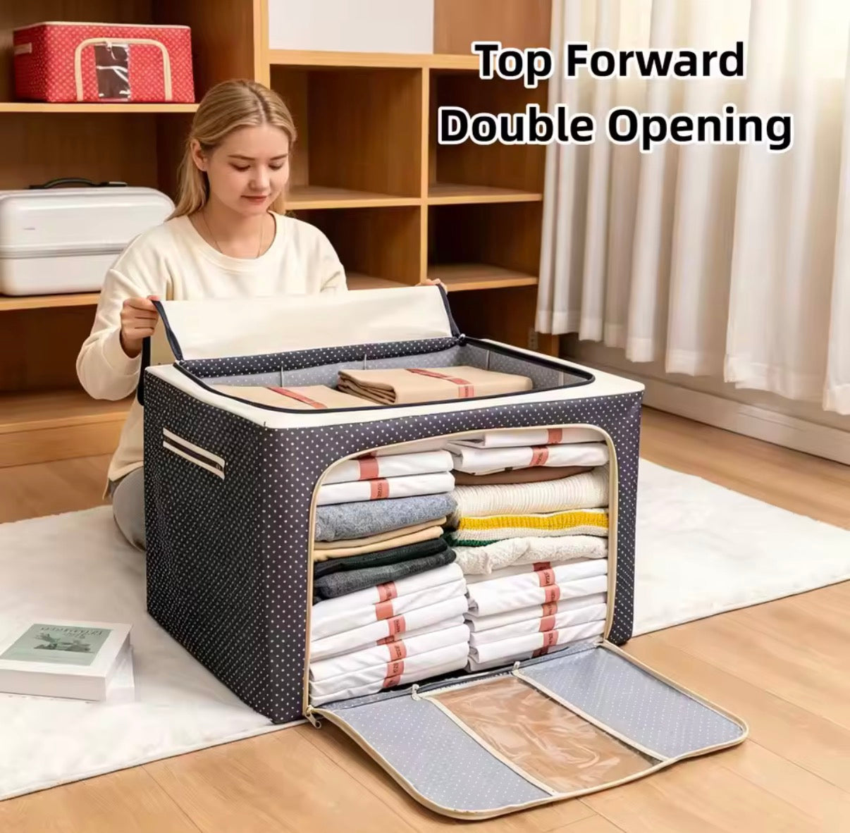 SET OF 3 Steel Frame Foldable Storage Bags Large Capacity Zipper & Clear Window