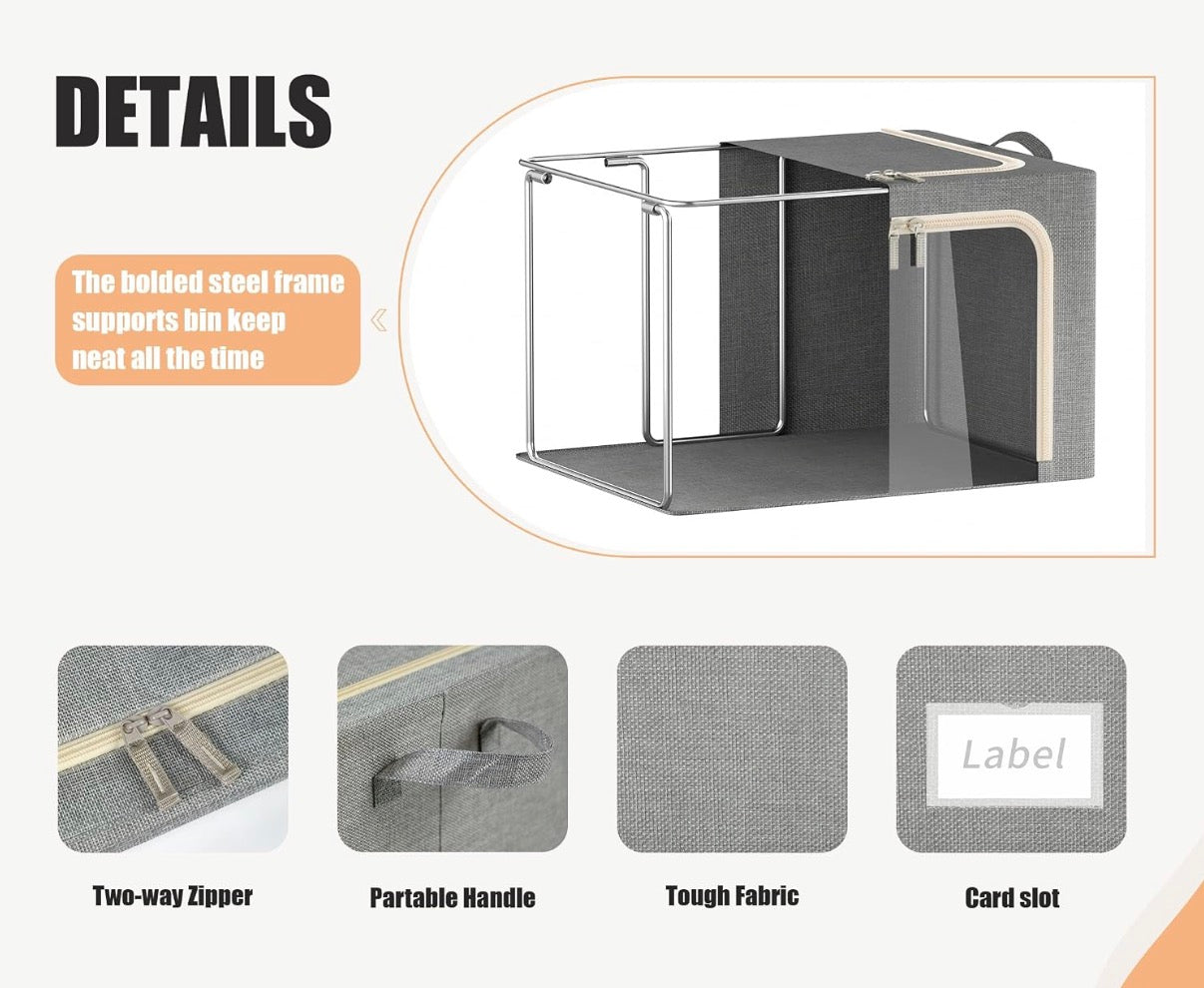 SET OF 3 Steel Frame Foldable Storage Bags Large Capacity Zipper & Clear Window